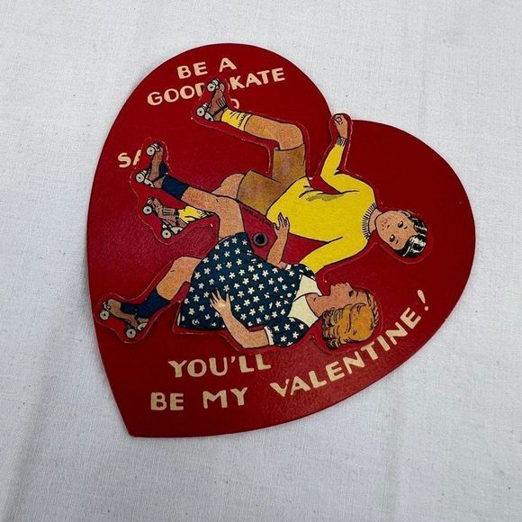 Vtg 1930s 1937 Valentine's Day Holiday Skating Heart Mechanical Card - Picture 2 of 4